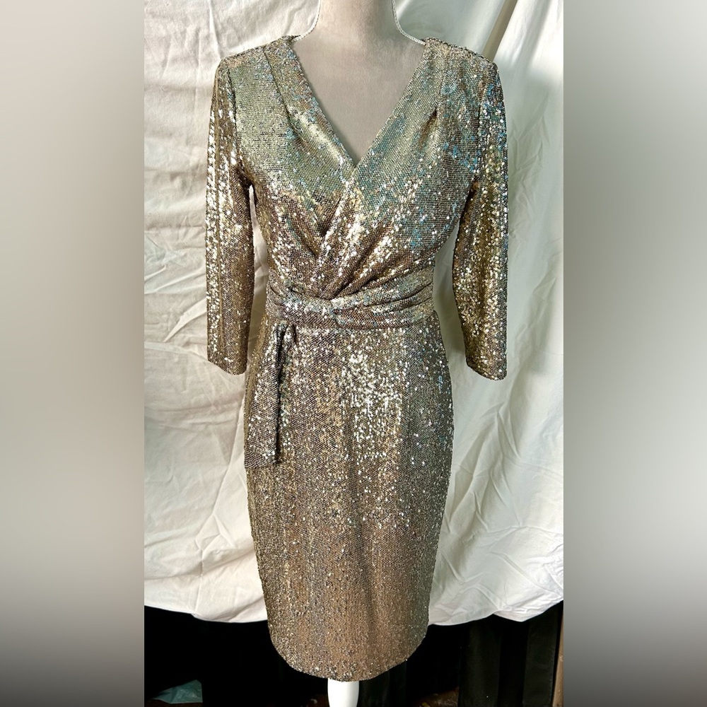 Calvin Klein Gold/Silver Reversible Sequin Faux Wrap Dress, Size 6